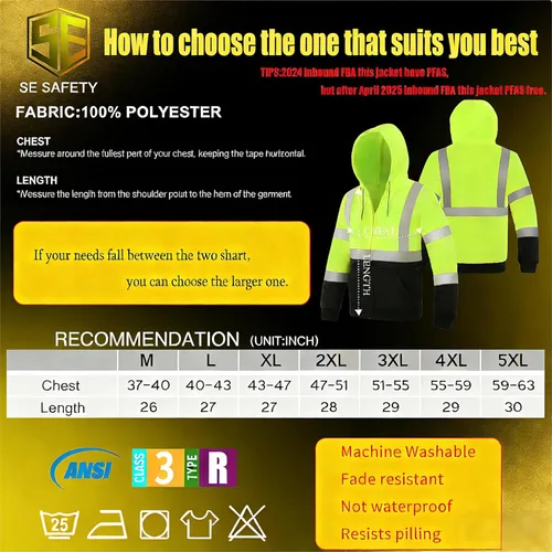 Miniatura 5 de sesafety Sudadera de seguridad de alta visibilidad para hombre, sudadera con capucha reflectante con cremallera clase 3, sudadera con capucha