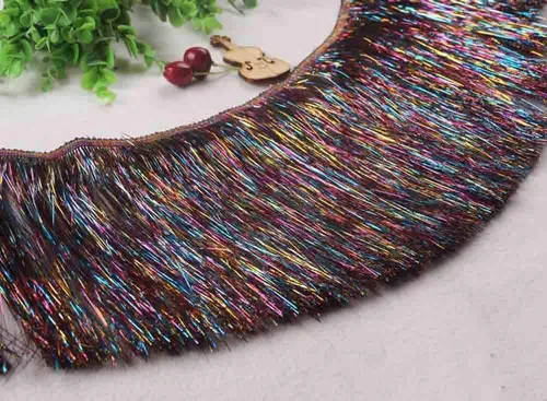 Miniatura 3 de Borde de flecos de oropel iridiscente, 10 yardas × 6 pulgadas de ancho con borlas holográficas para vestido de baile latino, decoración de fiesta