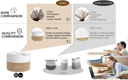 Miniatura 6 de GOCAN Cestas de Almacenamiento para Organizar D22"H14" Cesta grande de manta para lavandería Cesta de cuerda de algodón tejida para juguetes y yute