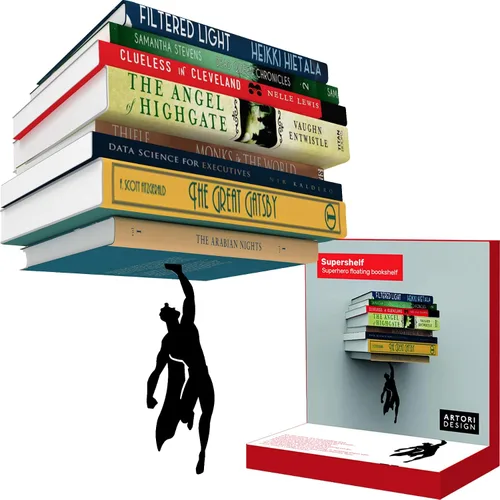 "Superestante" de Artori Design - Estantería flotante de metal con superhéroe en negro, oculta, estantería invisible, estante para libros único,