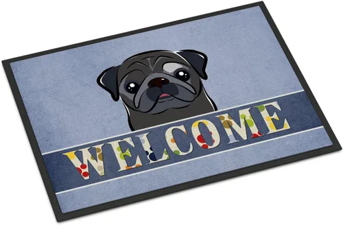 Caroline's Treasures BB1449JMAT - Tapete de bienvenida de carlino negro, 24 x 36 pulgadas, tapete azul para puerta delantera, para interiores y Pug