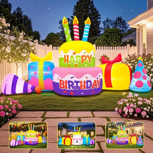 Miniatura 3 de Decoración inflable de pastel de cumpleaños feliz de 8 pies con velas, decoraciones inflables para patio exterior, luces LED integradas para fiestas