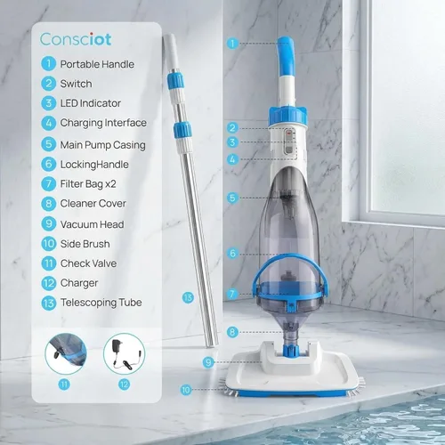 Miniatura 7 de Consciot Aspiradora de piscina para piscina sobre el suelo y piscina enterrada, limpiador de mano recargable con poste telescópico, succión de 18.5
