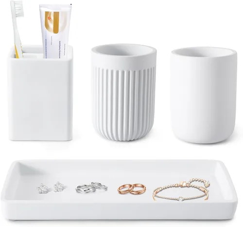 Miniatura 10 de Juego de baño de resina de 6 piezas color beige completo con soporte para cepillos de dientes, dispensador de jabón de loción, 2 dispensadores