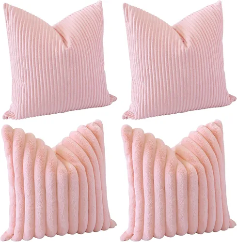 Miniatura 11 de OTOSTAR Paquete de 4 fundas de almohada decorativas de pana suave de piel sintética de felpa de 18 x 18 pulgadas, fundas de cojín mullidas a rayas