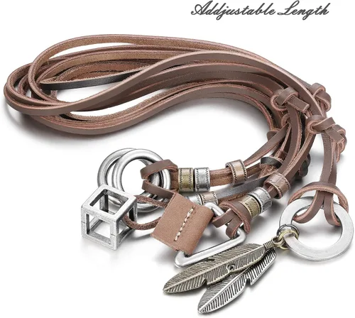 Miniatura 4 de JOERICA 4 collares de cuero para hombres y mujeres, collar de cadena de cubo de plumas vintage ajustable, Cuero, Circonita cúbica