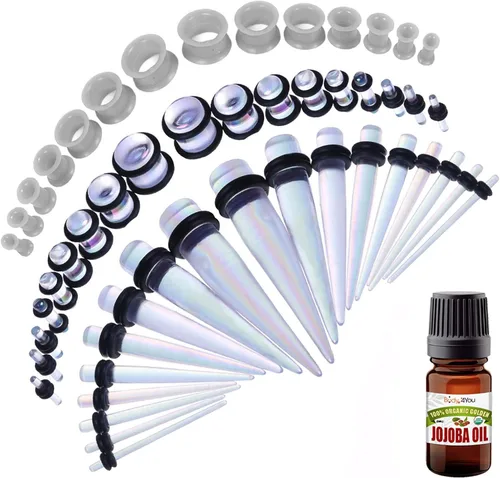 BodyJ4You - Juego de 50 medidores de calibre para estiramientos de oreja y aceite de jojoba para cuidados posteriores, 14 G-12 mm, juego de tapones