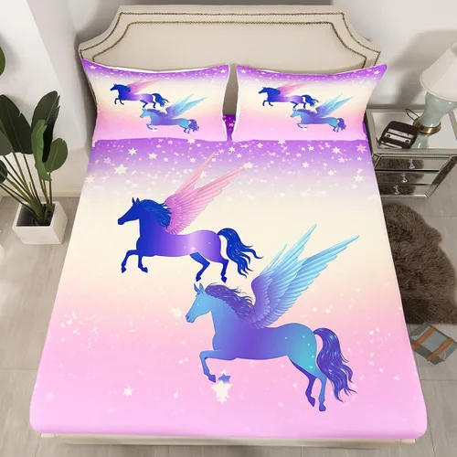 Miniatura 17 de Erosebridal Sábanas de cama de sirena azul para niñas, bonita sábana bajera ajustable de unicornio, 2 piezas, ropa de cama de arcoíris femenino