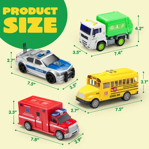 Miniatura 7 de JOYIN Juego de 4 piezas de vehículos de 7 pulgadas de largo, autos para niños pequeños con luces y sonido de sirena, incluyendo coche de policía