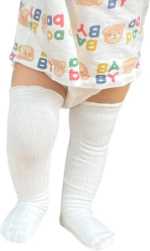 Miniatura 7 de Bestjybt Calcetines altos hasta la rodilla de algodón para bebés y niños pequeños, calcetines de punto trenzado con volantes, 5 pares