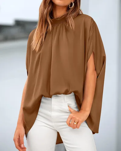 Miniatura 164 de BTFBM Blusas de verano para mujer, cuello alto falso, manga murciélago, holgadas, dobladillo alto y bajo, blusas informales de gran