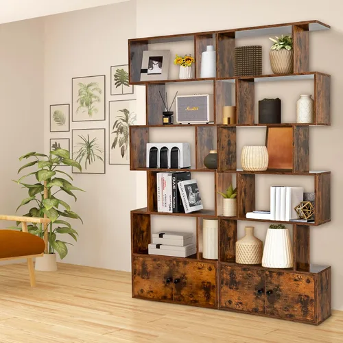 Miniatura 9 de Tangkula Estantería en forma de S con gabinete, estantería de 6 niveles con puertas, estanterías geométricas independientes para sala de estar