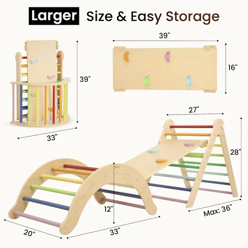 Miniatura 3 de Belleur Set de Triángulo Pikler, Juguetes de Escalada Plegables 7 en 1 para Niños Pequeños de 1-6 Años, Set de Escalada Montessori de Madera
