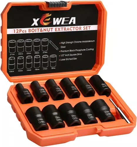 Miniatura 7 de XEWEA Juego de 12 extractores de tuercas de oreja, 1/2 pulgada, extractor de bloqueo de rueda para quitar daños, congelados, oxidados, pernos 12