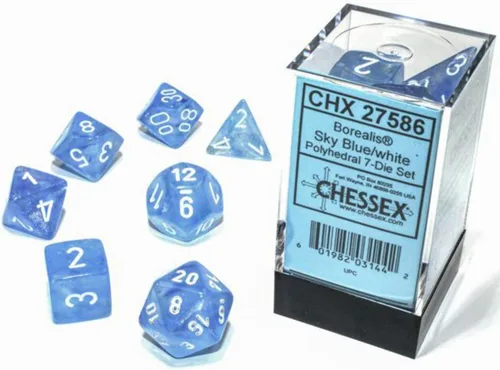 Chessex Juego de 7 troqueles poliédricos - Boreal azul cielo/blanco con luminaria 27586 (CHX27586)