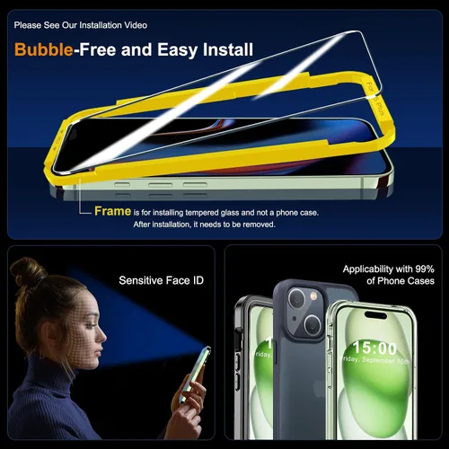 Miniatura 6 de QHOHQ Paquete de 3 protectores de pantalla para iPhone 15 Plus [6.7 pulgadas] con 3 protectores de lente de cámara, película de vidrio templado