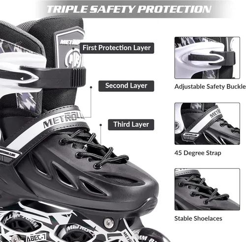 Miniatura 4 de METROLLER Patines en línea para niñas y niños, mujeres, hombres, 4 tallas ajustables, patines en línea con ruedas que se iluminan, patines Negro
