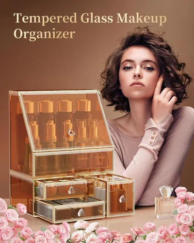 Miniatura 4 de CoralHouse Organizador de maquillaje, organizador de maquillaje ámbar con cajón, soporte para el cuidado de la piel para encimera de baño, vitrina