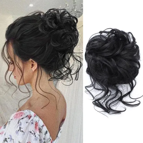 KETHBE Moño desordenado, extensión de moños de pelo despeinado, banda elástica para el cabello, moño rizado para mujeres (negro)