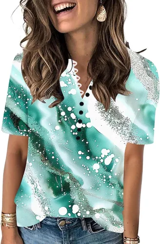 Miniatura 113 de Summer Shirts for Women 2025 Plus Size Short Sleeve Henley Tops Marble Floral Loose Tshirt Tee Casual Dressy Tunics