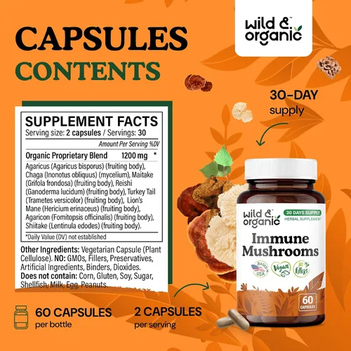 Miniatura 3 de Wild & Organic Cápsulas de complejo de hongos inmunes – 8 suplementos de mezcla de hongos para apoyo inmunológico con cola de pavo, chaga, polvo