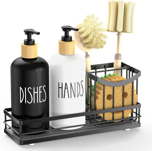 Miniatura 2 de Moforoco Juego de dispensador de jabón para platos de cocina, botella de vidrio de 16 onzas, dispensador de jabón para manos y platos, bandeja