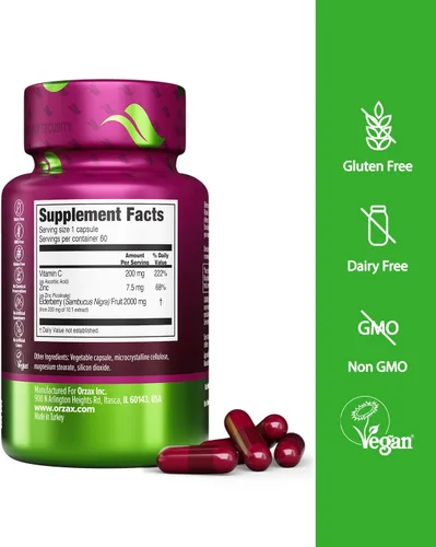 Miniatura 2 de ORZAX Cápsulas de saúco, suplemento de apoyo inmunológico con vitamina C y zinc de saúco, suplemento antioxidante para mujeres y hombres
