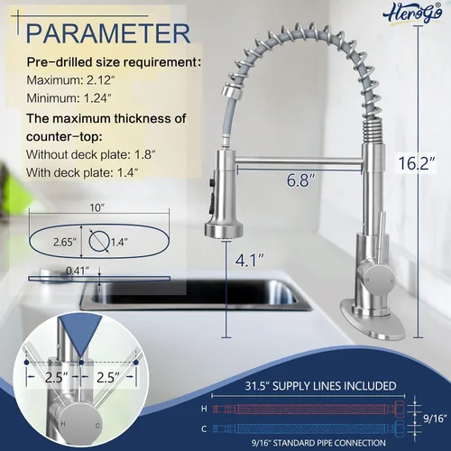 Miniatura 2 de Herogo 2.0 - Grifos de cocina con rociador extraíble de níquel cepillado, acero inoxidable comercial mejorado con mango único extraíble