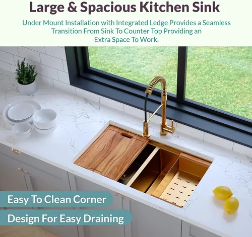 Miniatura 2 de Strictly Sinks - Fregadero de cocina dorado de 32 pulgadas, resistente a arañazos y manchas, rejilla inferior de doble tazón de calibre 16, tabla