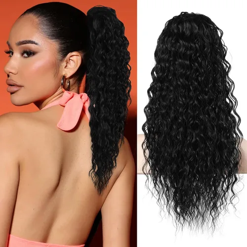 Miniatura 17 de Flufymooz Extensión de cola de caballo, 26 pulgadas, estilo bohemio, con cordón, extensiones de cabello para mujer, cola de caballo larga, rizada