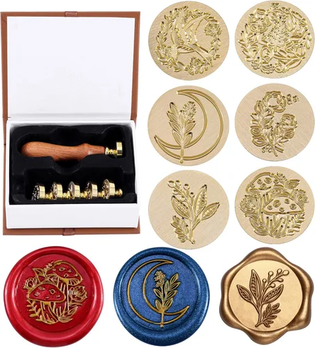 Miniatura 11 de Juego de sellos de cera Yoption, 6 sellos de cera de cobre + 1 kit de sellos de cera de madera vintage retro clásico, kit de sello de cera