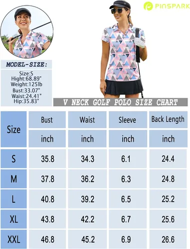 Miniatura 6 de Pinspark Camisa de golf para mujer, camiseta polo de manga corta, secado rápido, camiseta de tenis con cuello en V y cuello de pickleball