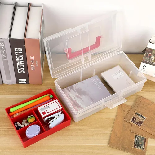 Miniatura 7 de BTSKY Caja de almacenamiento de plástico transparente con bandeja extraíble, caja de almacenamiento de papelería multiusos con asa, práctica caja