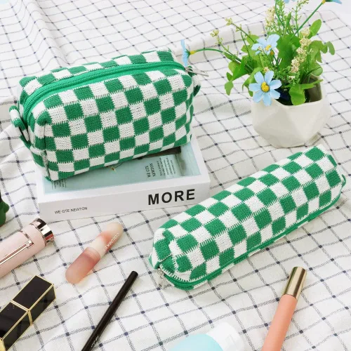 Miniatura 7 de Aucuu 2 bolsas de maquillaje a cuadros, bolsa de aseo portátil de viaje con cremallera, bolsa de maquillaje, bolsa de almacenamiento de cosméticos