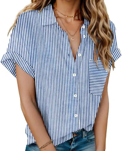 Miniatura 29 de HOTOUCH Camisas de Lino para Mujer con Botones Blusas de Manga Corta de Algodón Cuello en V con Cuello Tops de Gasa con Botones S-3XL
