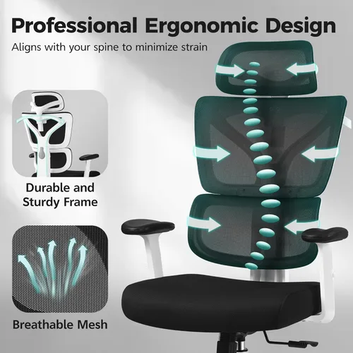 Miniatura 6 de Silla de oficina ergonómica con respaldo alto y soporte lumbar, silla de computadora de malla transpirable con reposabrazos ajustables, silla Blanco