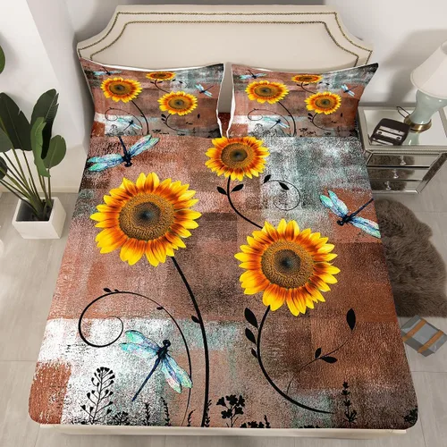 Miniatura 11 de Erosebridal Juego de ropa de cama rústica de tamaño individual, diseño de mariposa y girasol, para niños, adolescentes, adultos, retro, grunge