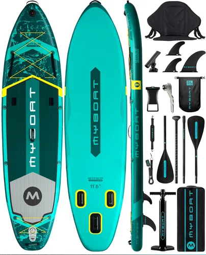 Miniatura 14 de MYBOAT Tabla de remo inflable extra ancha de 11 pies y 6 pulgadas x 34 pulgadas x 6 pulgadas, tabla de remo de pie para pesca, tabla de sup con 3