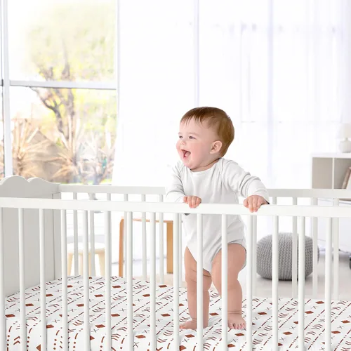 Miniatura 2 de Sweet Jojo Designs White Rust Boho Tribal Mudcloth - Sábana bajera ajustable para cuna para bebé o niño pequeño, color naranja, bosque, bohemio