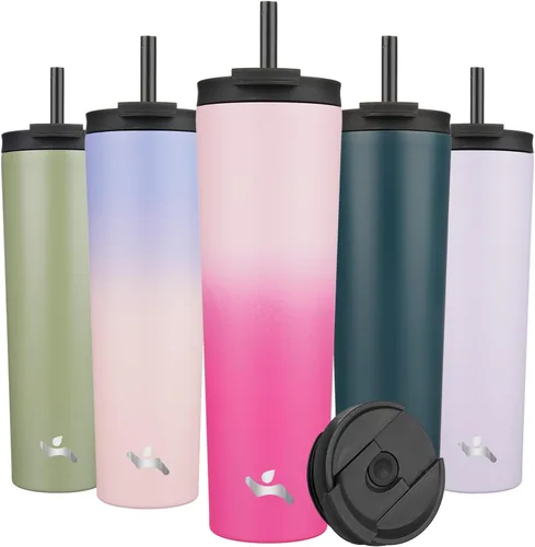 Miniatura 43 de Konokyo Vaso aislado de 18 onzas con tapa y 2 pajillas, botella de agua de acero inoxidable, taza de viaje al vacío, taza de café, color blanco ángel