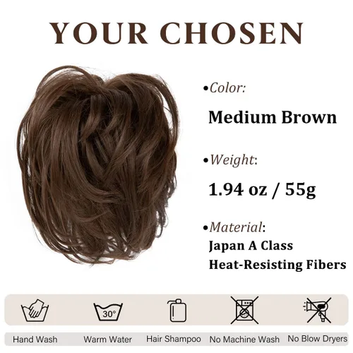 Miniatura 2 de CJL HAIR - Extensión de cabello grueso, tipo coletero de chongo desordenado, ondulado/rizado, sintético, grande, para mujeres, marrón medio S-M