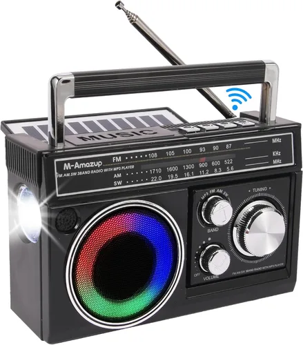 Radios portátil AM FM, radio portátil retro con altavoz Bluetooth y linterna, recepción fuerte con luces de humor coloridas, tarjeta TF, energía