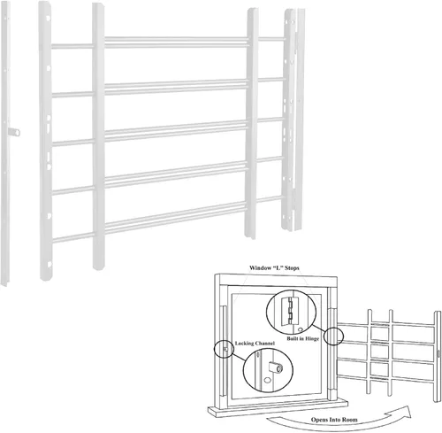 Grisham PP SPAG Barras de Seguridad para Ventanas con Liberación Rápida de Emergencia, (Blanco, 5 Barras) 22'' de Alto x 22''- 42'' de Ancho