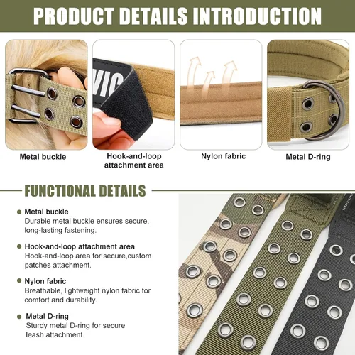 Miniatura 2 de Collar táctico personalizado para perro con parches de nombre y número de teléfono - Collar resistente personalizado con hebilla de cinturón