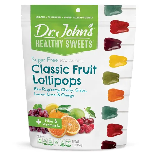Dr. John's - Caramelos sin azúcar, paletas saludables con cero azúcar, aperitivos bajos en calorías, dulces duros aptos para Keto, dientes de fruta