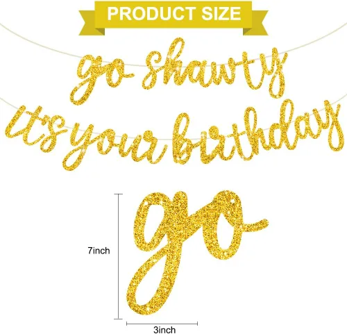 Miniatura 3 de BEISHIDA Pancarta "Gold Go Shawty It's Your Birthday" – 11.4 pies, NO DIY, pancarta de feliz cumpleaños con temática de hip hop con purpurina, Oro