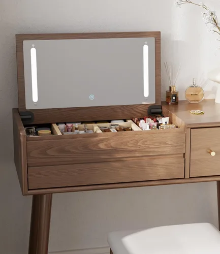 Miniatura 5 de KungFuWood Escritorio de Tocador de Madera con Espejo y Luces, Juego de Mesa de Tocador 3 Cajones, Tocador de Maquillaje Grande de 81 cm de Madera