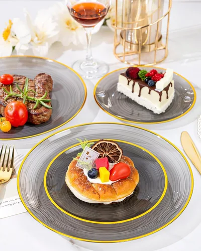 Miniatura 2 de Morejoy 100 platos de plástico negro, platos desechables negros con borde dorado, placa dorada resistente, placa de diseño de remolino moderno que
