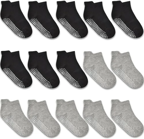 HYCLES Calcetines antideslizantes para niños pequeños, 15 pares de calcetines antideslizantes de corte bajo para niños de 1 a 7 años, calcetines de