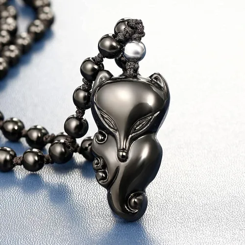 Miniatura 5 de Jewever Collar de zorro de la suerte de obsidiana negra con dije de cristal curativo de piedra natural, amuleto de protección con piedras preciosas